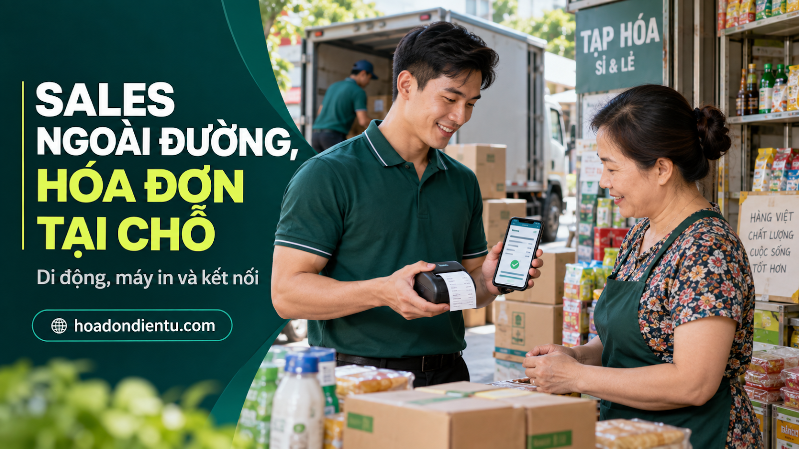 Sales ngoài đường, hóa đơn tại chỗ — di động, máy in và kết nối