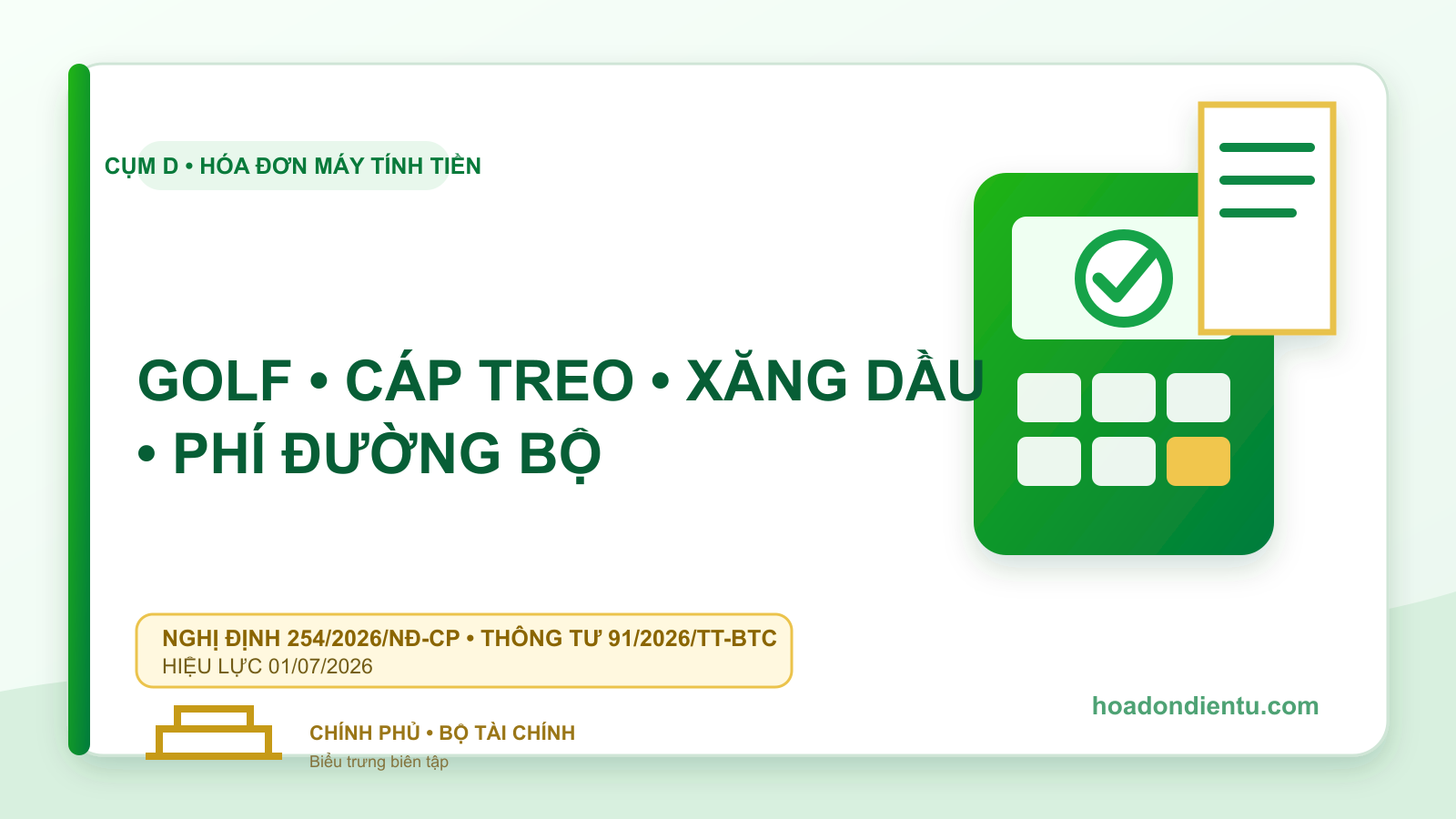 Hóa đơn máy tính tiền cho golf, cáp treo, xăng dầu, phí đường bộ